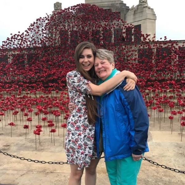 Sarah Bence and her grandma in front of ancient structure